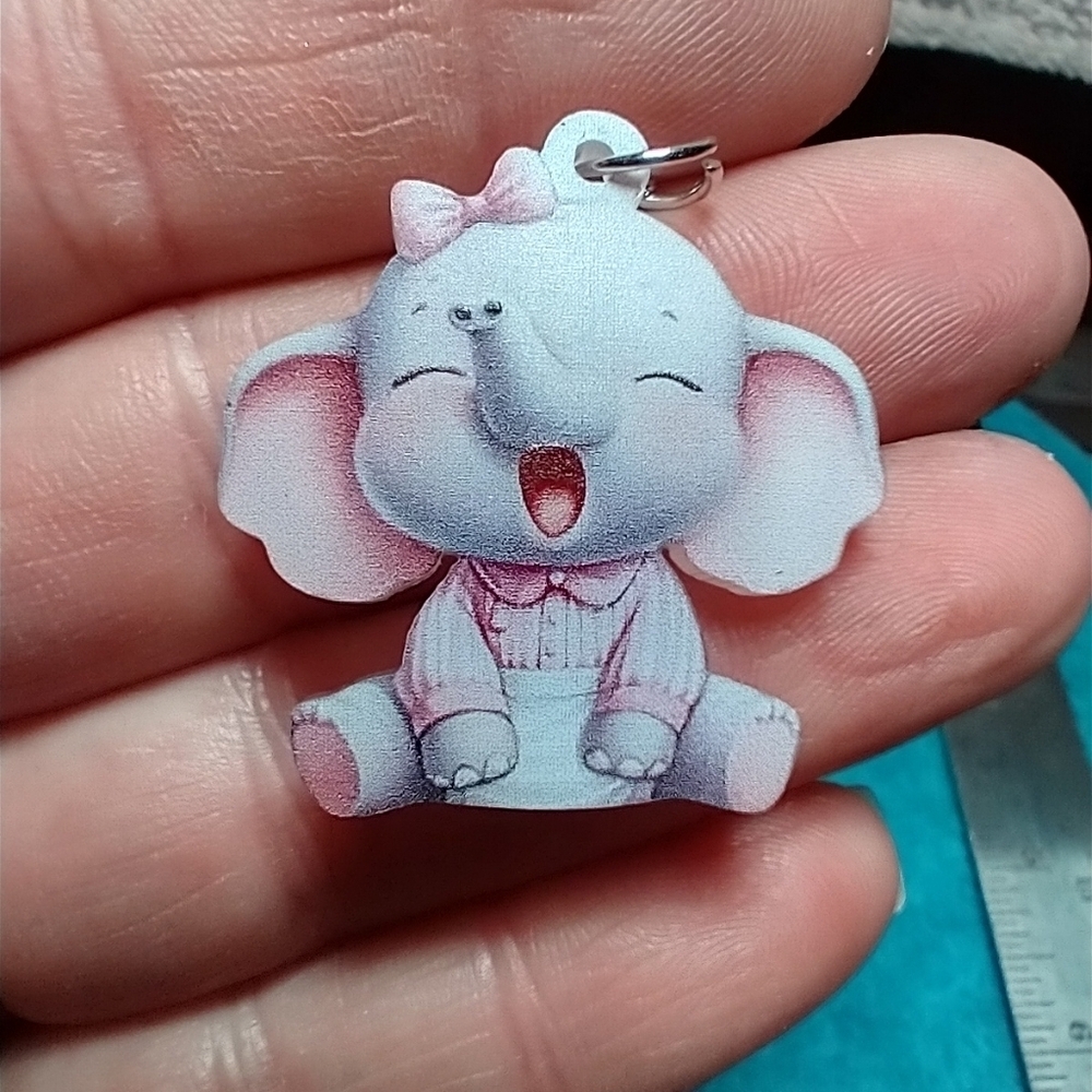 Cute pink grey yawning baby elephant wire dangle earrings